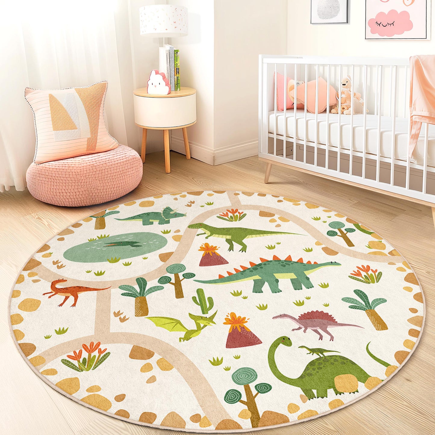 Runder Dinosaurier-Spielteppich für Kinder, interaktive Dino-Matte, weiche Kinderzimmerdekoration, Spielzimmerteppich, Kinderzimmer-Essentials