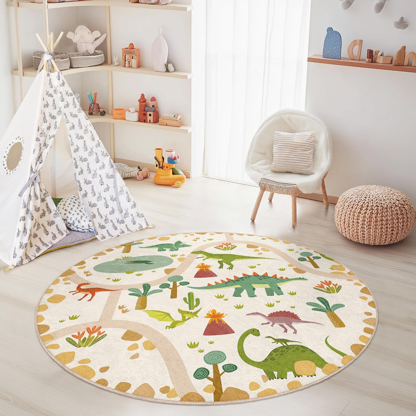 Runder Dinosaurier-Spielteppich für Kinder, interaktive Dino-Matte, weiche Kinderzimmerdekoration, Spielzimmerteppich, Kinderzimmer-Essentials