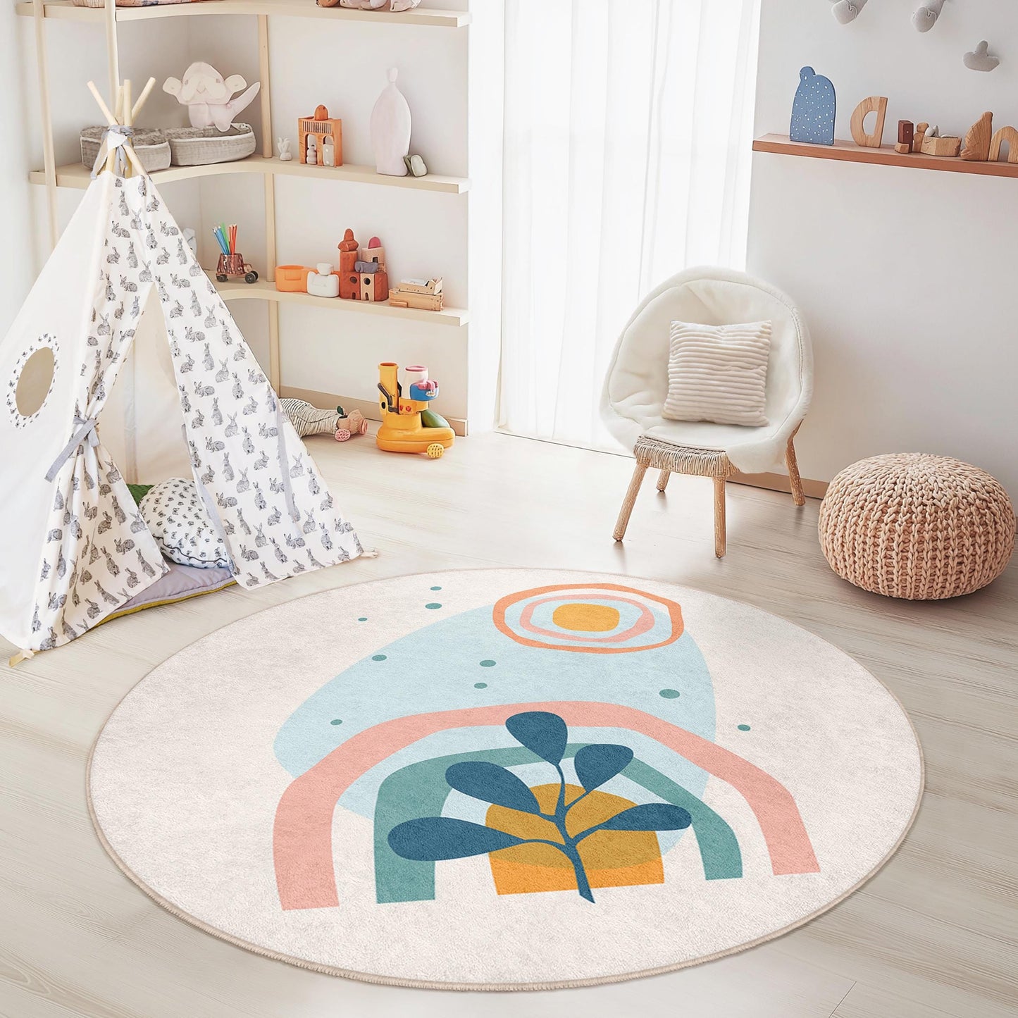 Bunter, abstrakter runder Kinderteppich, verspielter Kinderzimmerteppich, moderner runder Teppich, niedliche Kinderzimmerdekoration, einzigartige runde Spielmatte