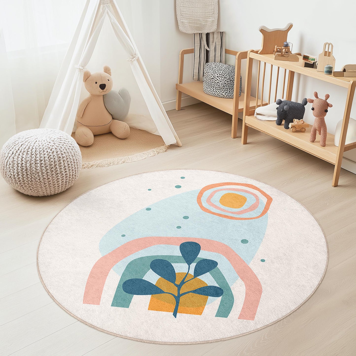 Bunter, abstrakter runder Kinderteppich, verspielter Kinderzimmerteppich, moderner runder Teppich, niedliche Kinderzimmerdekoration, einzigartige runde Spielmatte