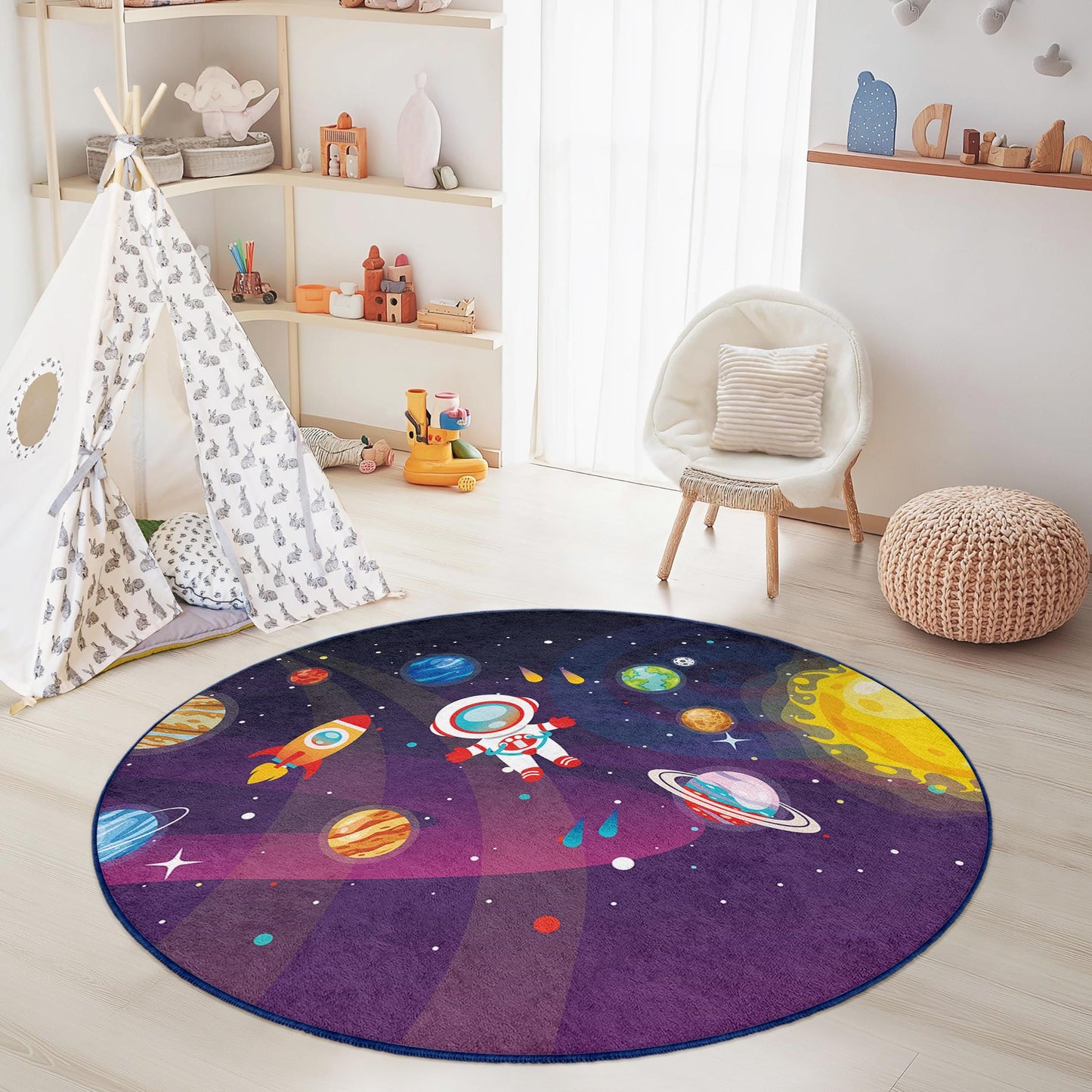Runder Kinderteppich mit Weltraum-Motiv, Astronauten-Deko, Galaxie-Teppich, Spielzimmerteppich, Kinderzimmerteppich, Kinderzimmerdekoration