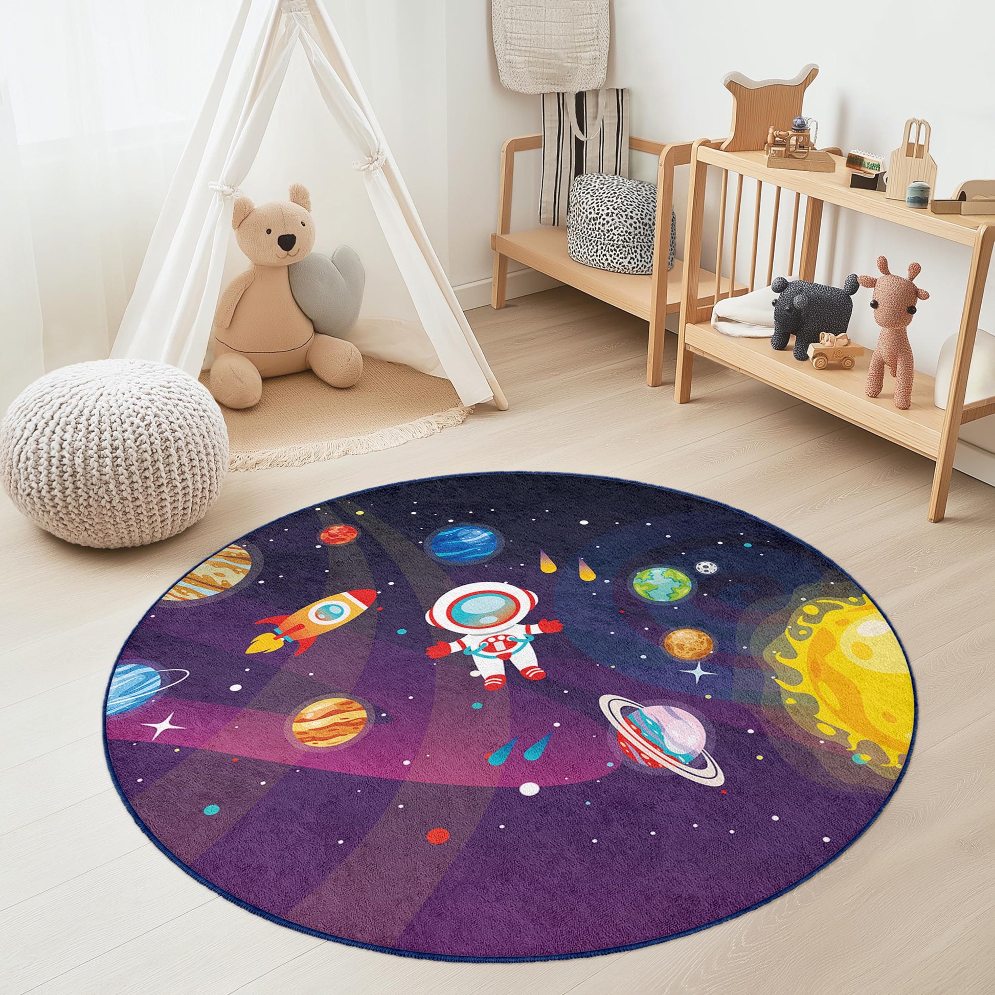 Space Adventure Round Kids Rug, Astronaut Space Decor, Galaxy Themed Rug, Playroom Carpet, Nursery Area Rug, Kids Room Decoration