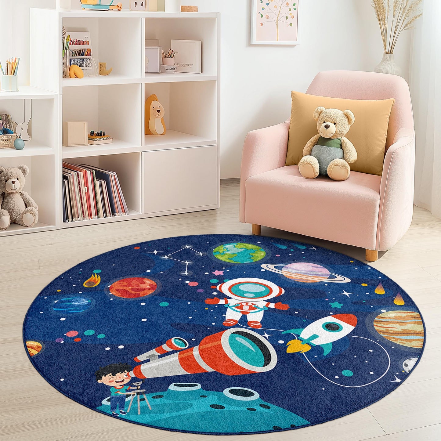 Runder Spielteppich für Kinder mit Weltraum-Motiv, Astronauten-Kinderteppich, Galaxie-Teppich, Spielzimmer-Dekoration, Kosmischer Teppich für Kinder