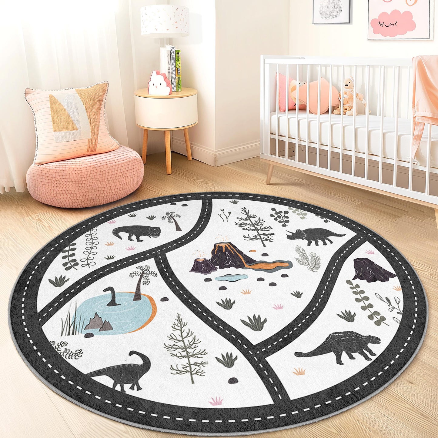 Runder Dinosaurier-Abenteuer-Kinderteppich, verspielter Dino-Teppich, weiche Spielmatte fürs Kinderzimmer, lustiger runder Teppich fürs Kinderzimmer