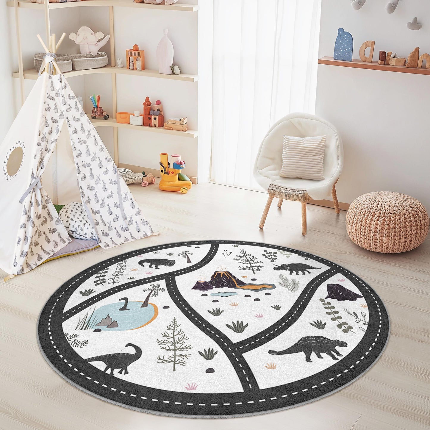 Runder Dinosaurier-Abenteuer-Kinderteppich, verspielter Dino-Teppich, weiche Spielmatte fürs Kinderzimmer, lustiger runder Teppich fürs Kinderzimmer
