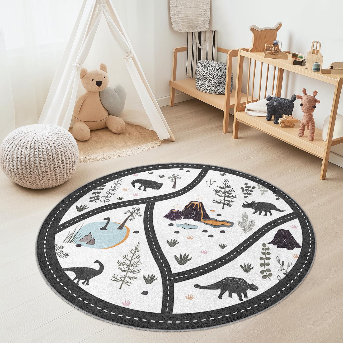 Runder Dinosaurier-Abenteuer-Kinderteppich, verspielter Dino-Teppich, weiche Spielmatte fürs Kinderzimmer, lustiger runder Teppich fürs Kinderzimmer