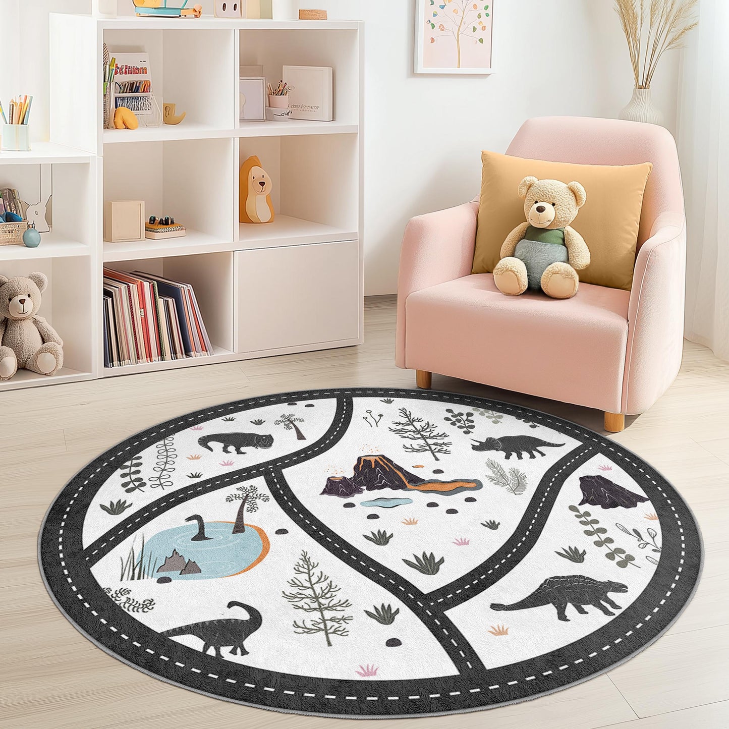 Dinosaur Adventure Round Kids Area Rug, Playful Dino Themed Carpet, Soft Nursery Play Mat, Fun Round Rug for Kids Room