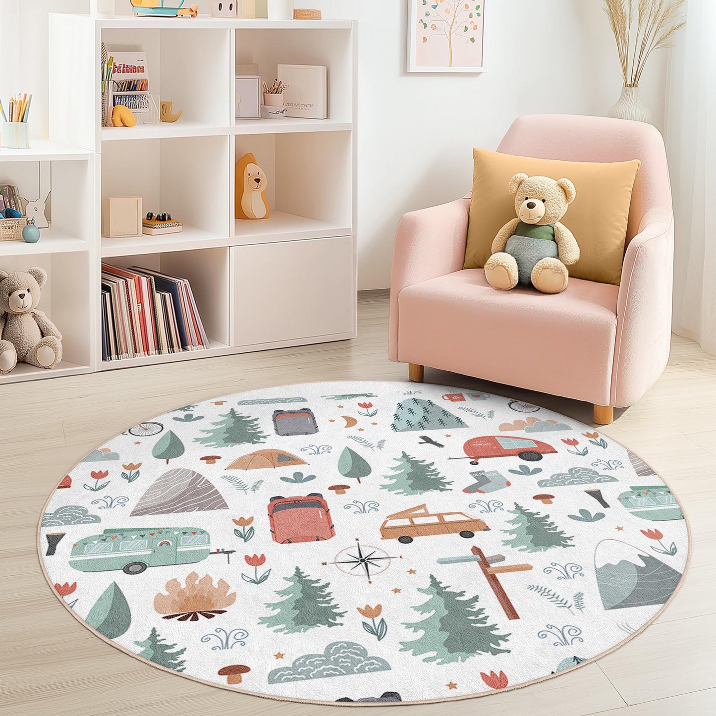 Runder Spielteppich mit Abenteuer-Camping-Motiv für Kinder, Naturmotiv, weicher runder Teppich für Kinderzimmer, Kinderzimmerdekoration, Spielzimmerteppich