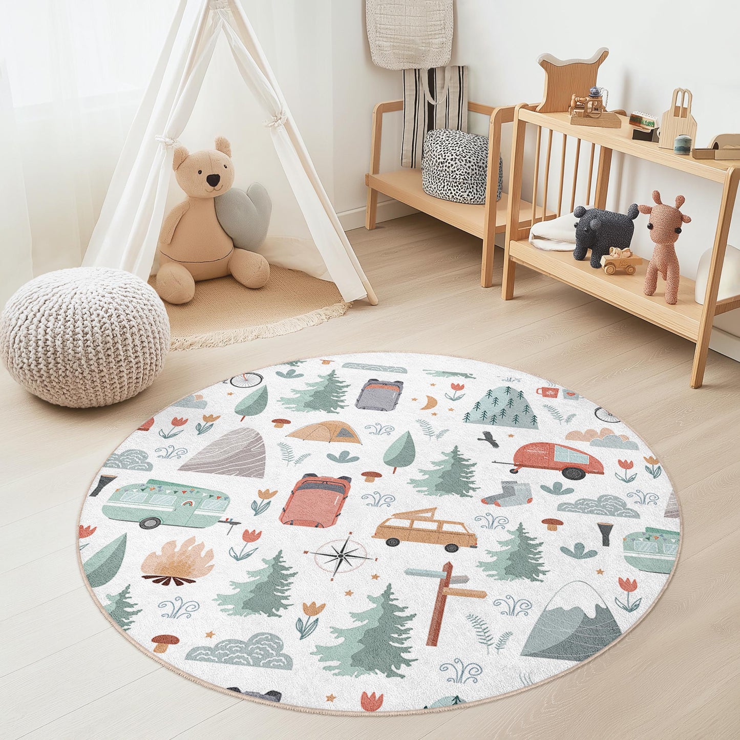 Runder Spielteppich mit Abenteuer-Camping-Motiv für Kinder, Naturmotiv, weicher runder Teppich für Kinderzimmer, Kinderzimmerdekoration, Spielzimmerteppich