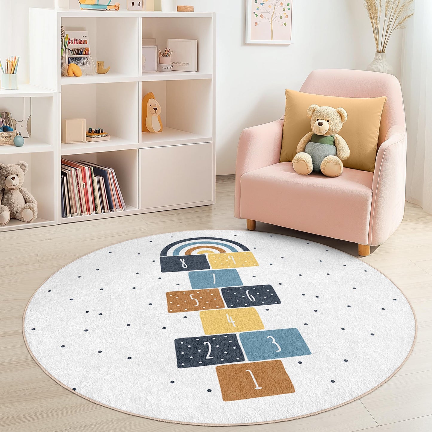 Runder Regenbogen-Hüpfspiel-Kinderteppich, bunte Spielmatte fürs Kinderzimmer, weicher Kinderzimmerteppich, interaktiver Lernteppich