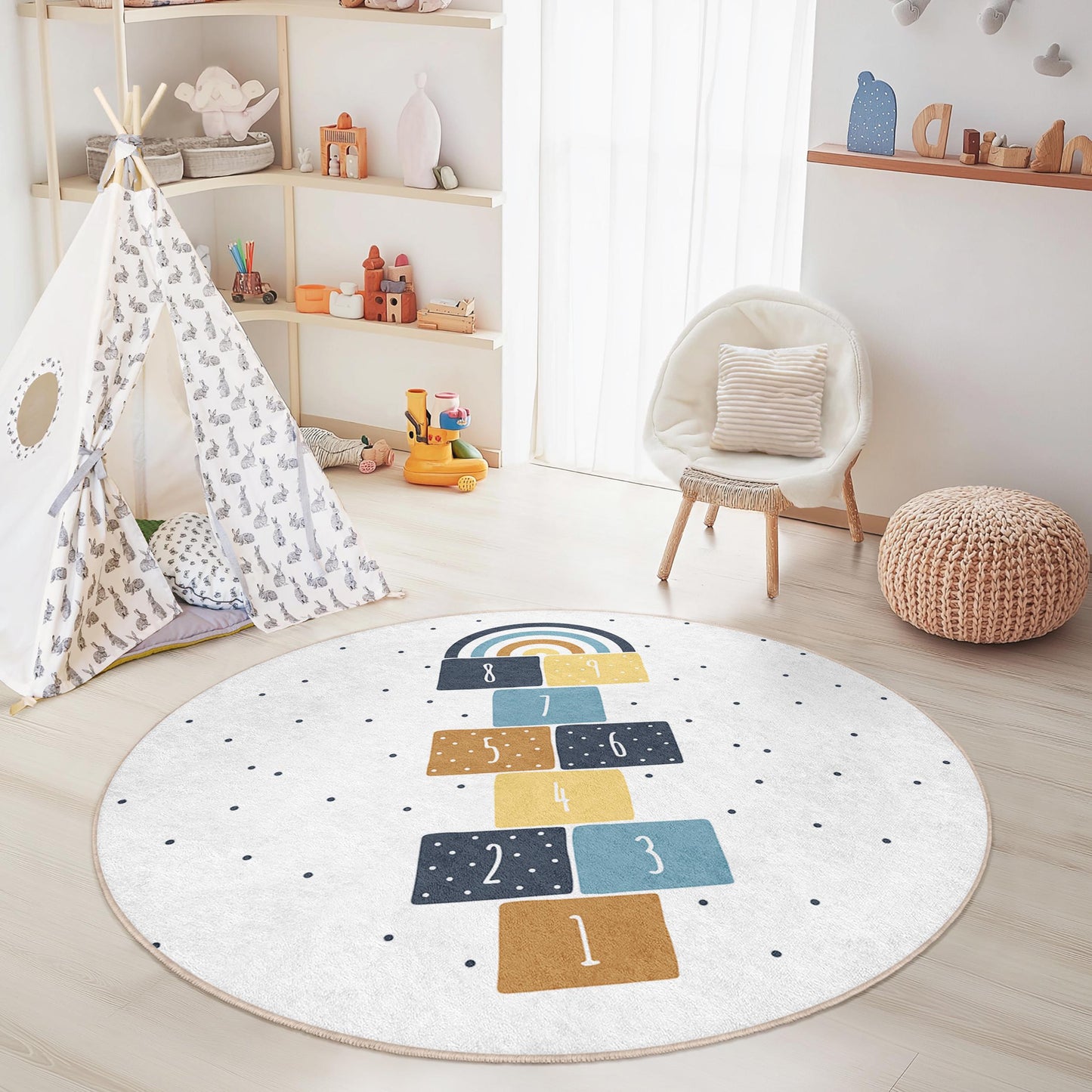 Runder Regenbogen-Hüpfspiel-Kinderteppich, bunte Spielmatte fürs Kinderzimmer, weicher Kinderzimmerteppich, interaktiver Lernteppich
