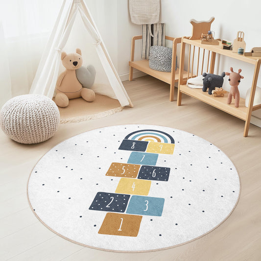 Rainbow Hopscotch Round Kids Rug, Colorful Play Mat for Children's Room, Soft Nursery Carpet, Interactive Educational Rug