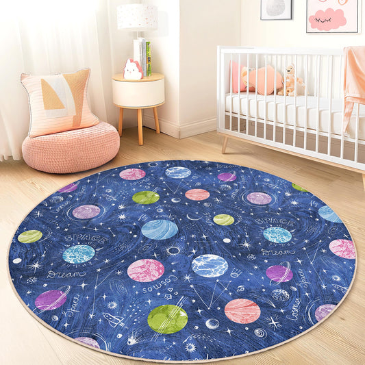 Colorful Planet Themed Round Kids Rug, Outer Space Play Mat, Cosmic Nursery Decor, Galaxy Rug for Children's Room