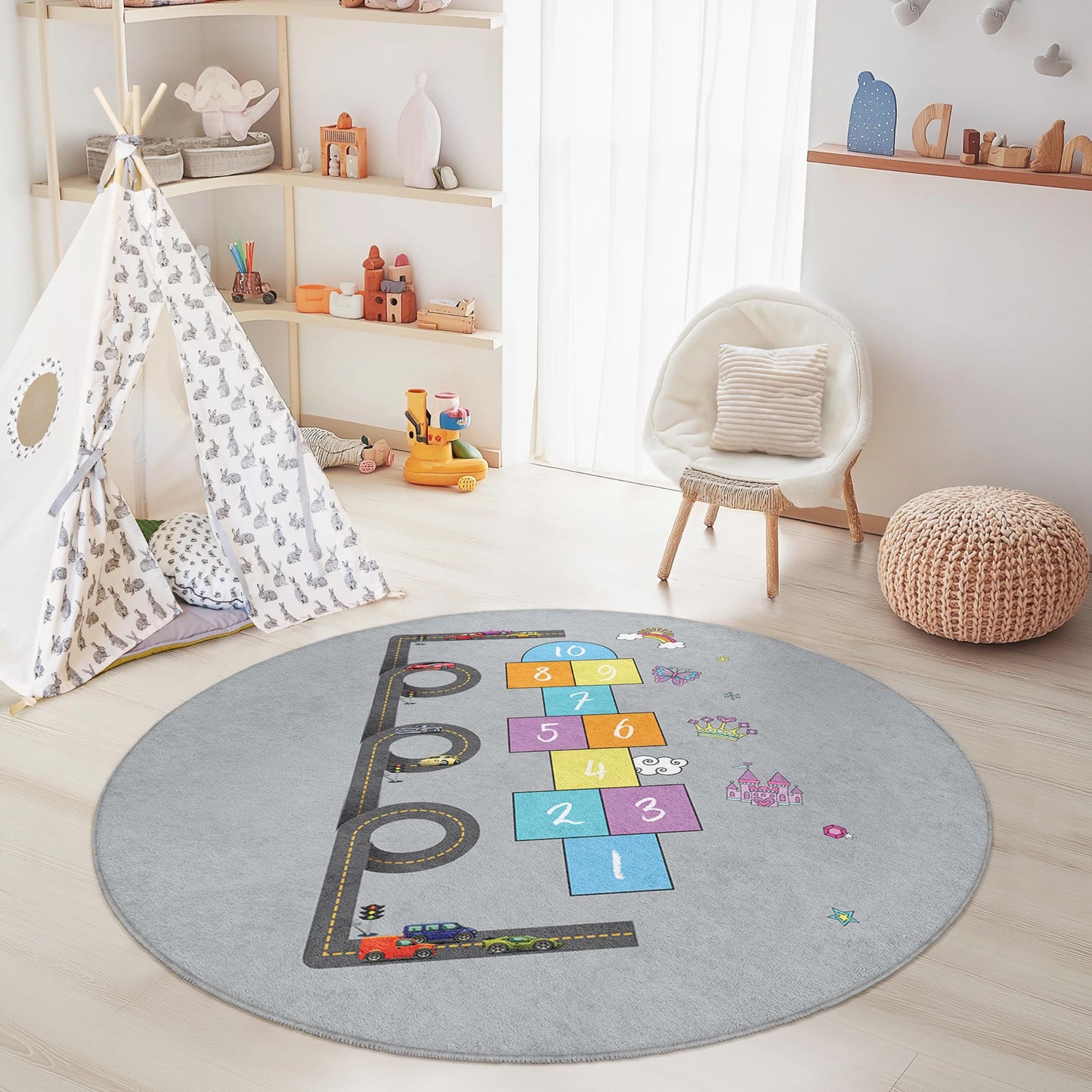 Runder Kinderteppich mit Hüpfspiel-Motiv, interaktive Spielmatte für Kinder, Spielzimmerdekoration, weicher Kinderzimmerteppich, lustiger Teppich fürs Kinderzimmer