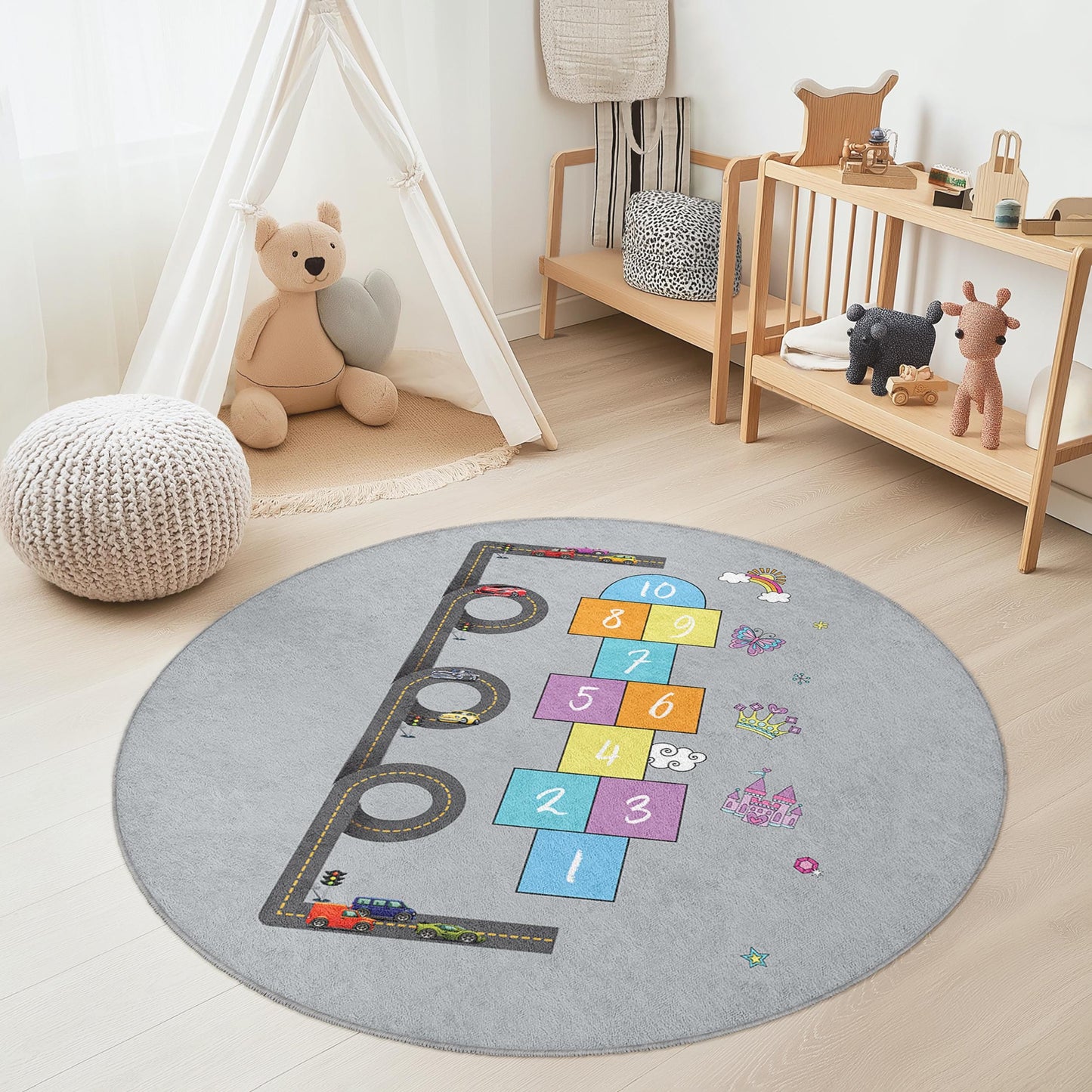 Runder Kinderteppich mit Hüpfspiel-Motiv, interaktive Spielmatte für Kinder, Spielzimmerdekoration, weicher Kinderzimmerteppich, lustiger Teppich fürs Kinderzimmer