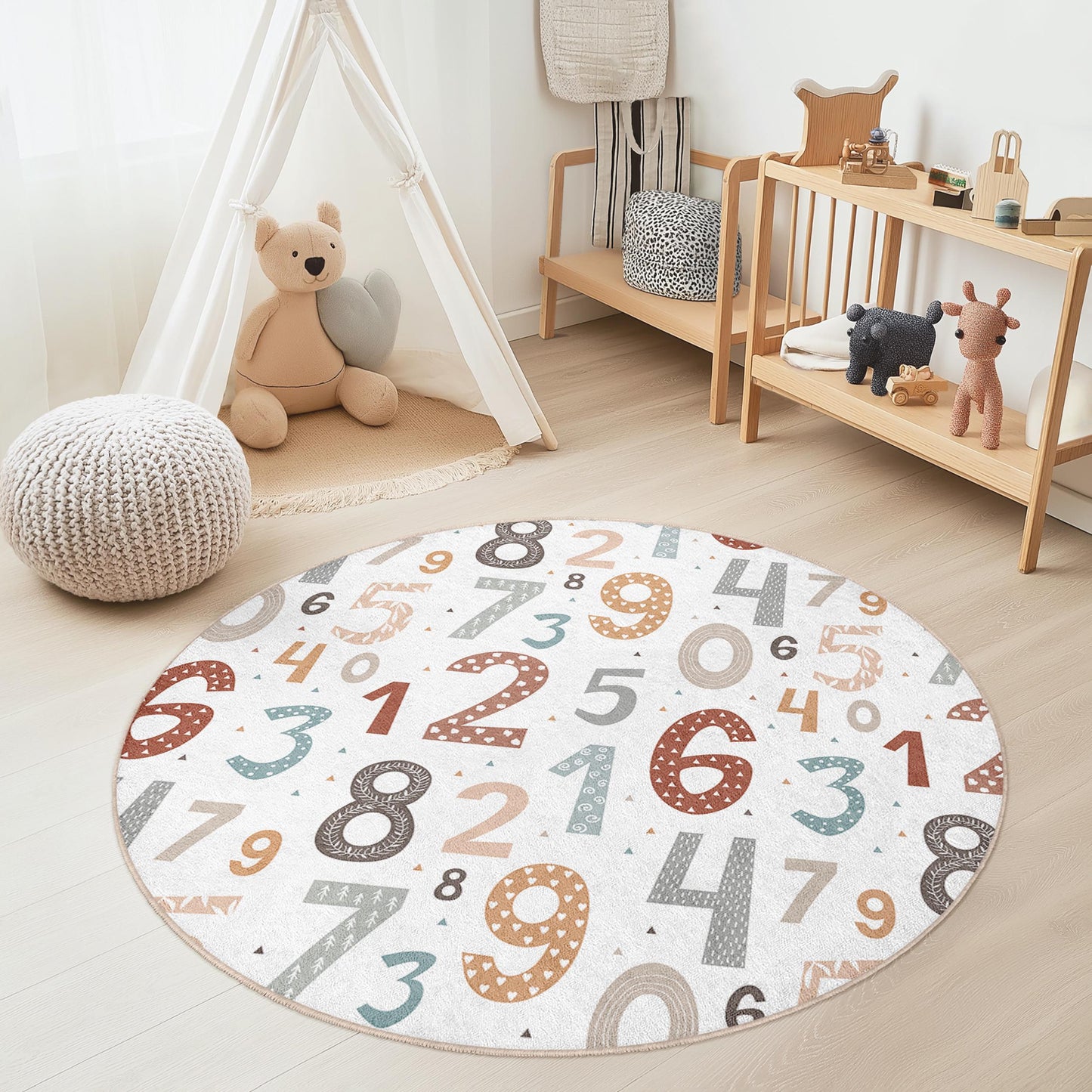 Runder Kinderteppich mit buntem Zahlenmuster, Lernteppich, weicher Kinderzimmerteppich, Kinderzimmerdeko, Lernteppich