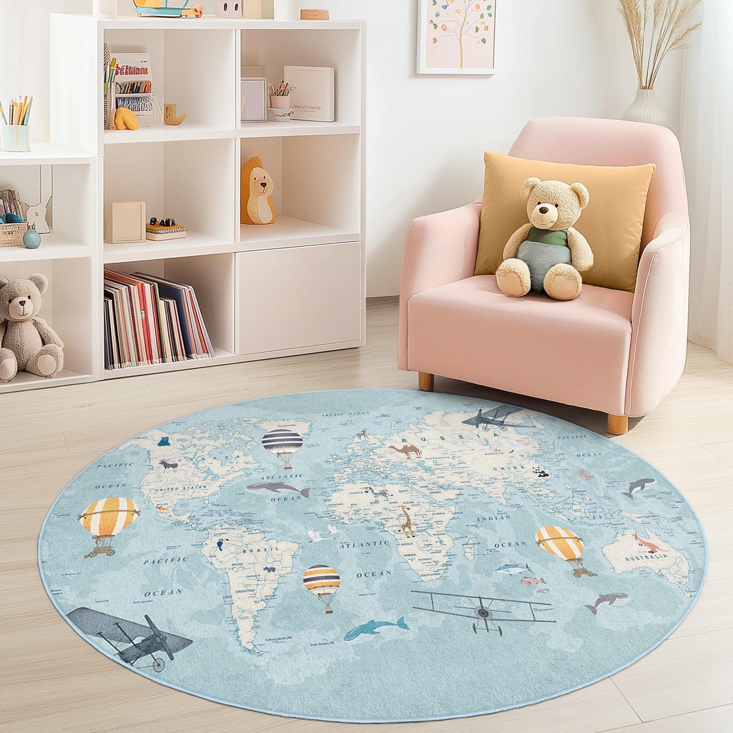 Runder Kinderteppich mit Weltkartenmotiv, Spielmatte mit Reisemotiv, weicher runder Teppich fürs Kinderzimmer, pädagogische Kinderzimmerdekoration