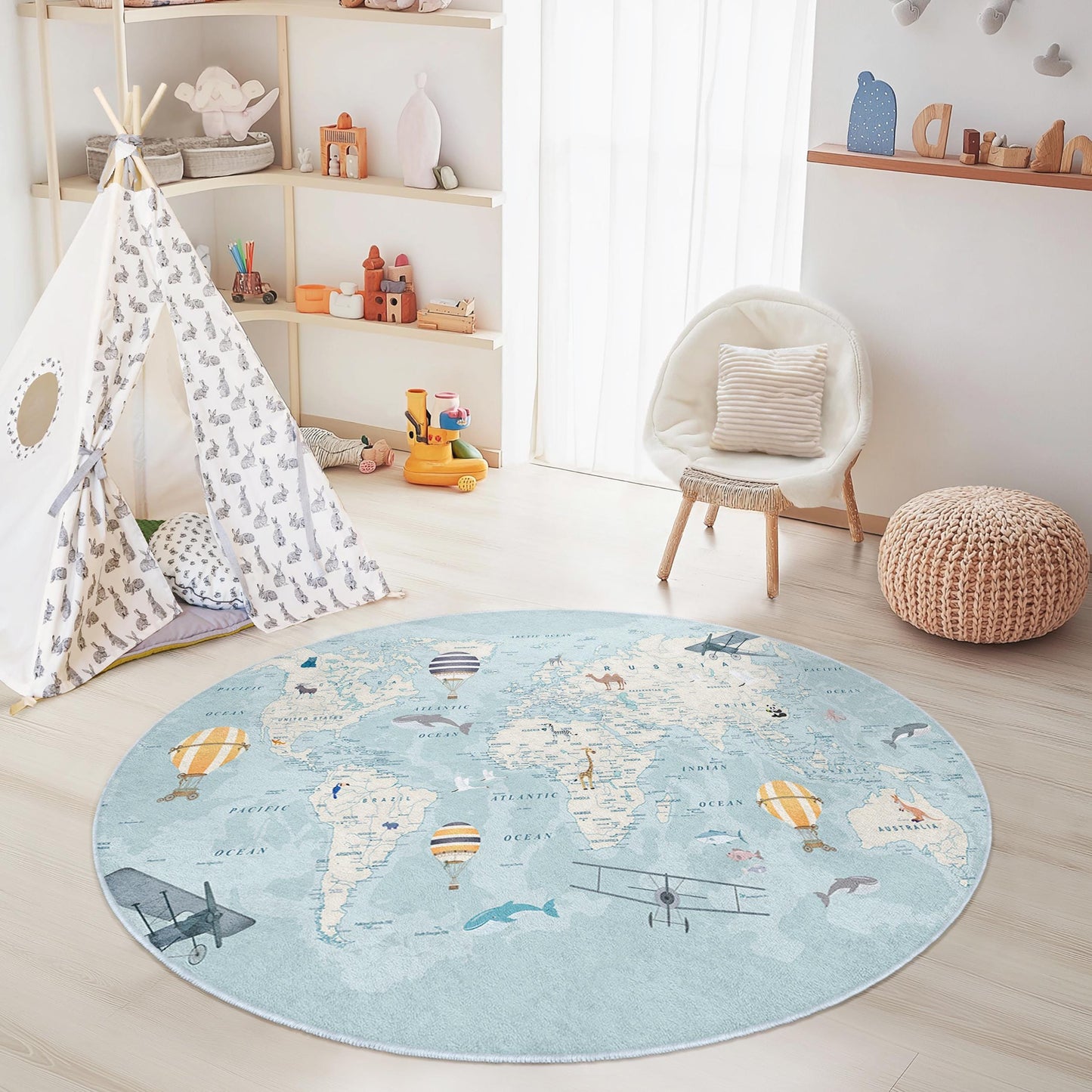 Runder Kinderteppich mit Weltkartenmotiv, Spielmatte mit Reisemotiv, weicher runder Teppich fürs Kinderzimmer, pädagogische Kinderzimmerdekoration