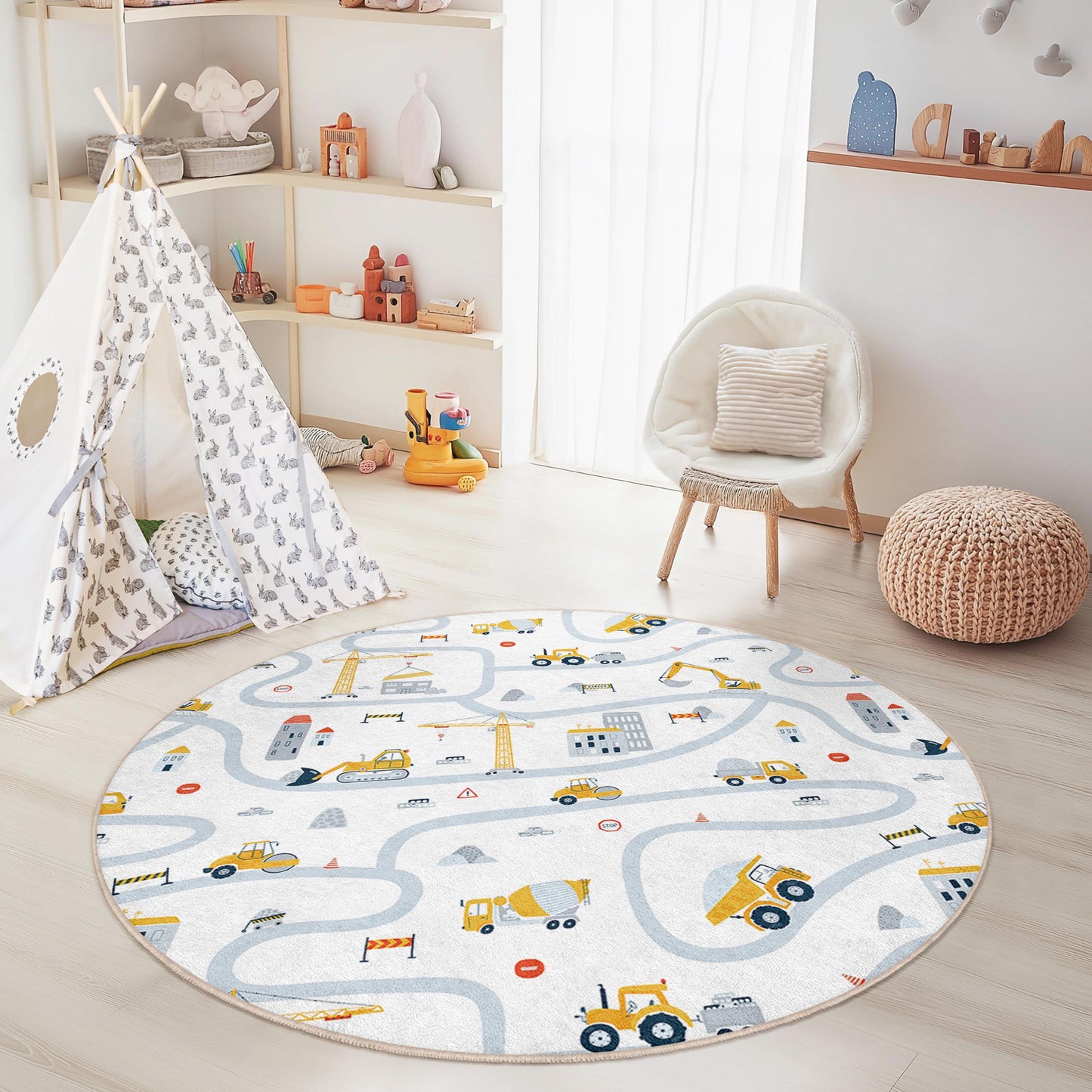 Runder Spielteppich „Baustelle“, Straßenkarten-Teppich für Kinder, Spielzimmerdeko, Kinderzimmerteppich, weiche Spielmatte für Kinder