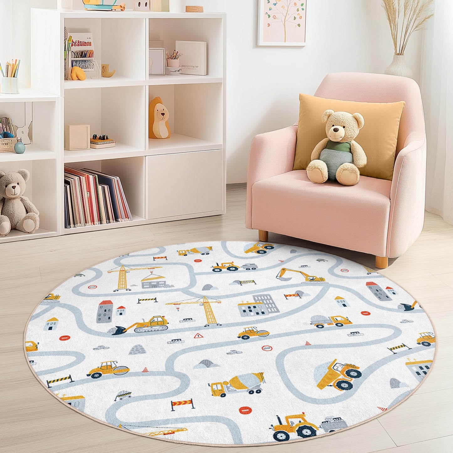 Runder Spielteppich „Baustelle“, Straßenkarten-Teppich für Kinder, Spielzimmerdeko, Kinderzimmerteppich, weiche Spielmatte für Kinder