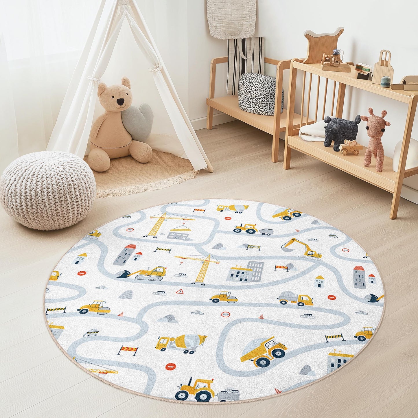 Runder Spielteppich „Baustelle“, Straßenkarten-Teppich für Kinder, Spielzimmerdeko, Kinderzimmerteppich, weiche Spielmatte für Kinder
