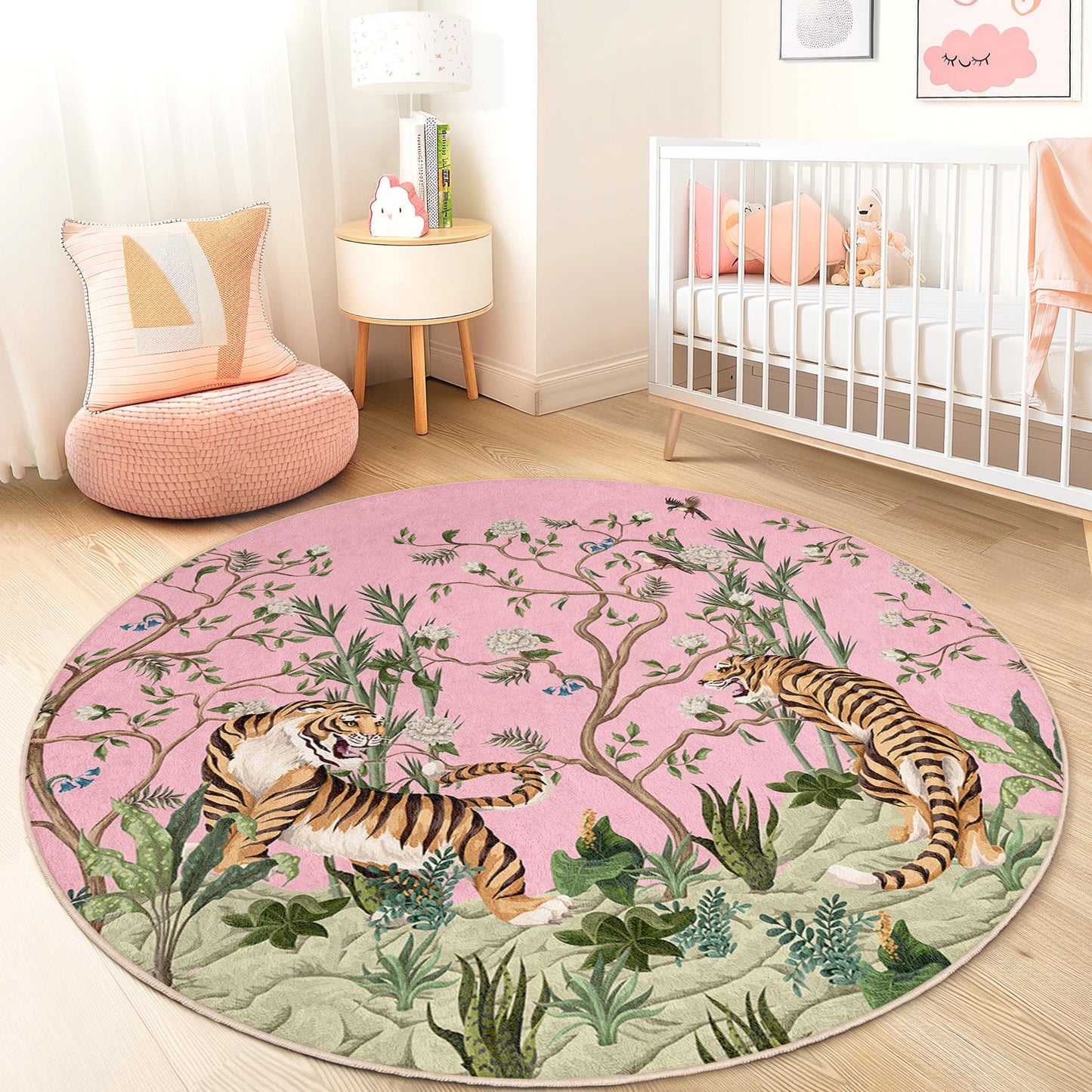 Runder Teppich mit rosa Tigerblumenmuster, Kinderzimmerdeko, Babyzimmerteppich, Spielzimmerteppich, Kinderteppich mit Tiermotiv, weiche runde Spielmatte
