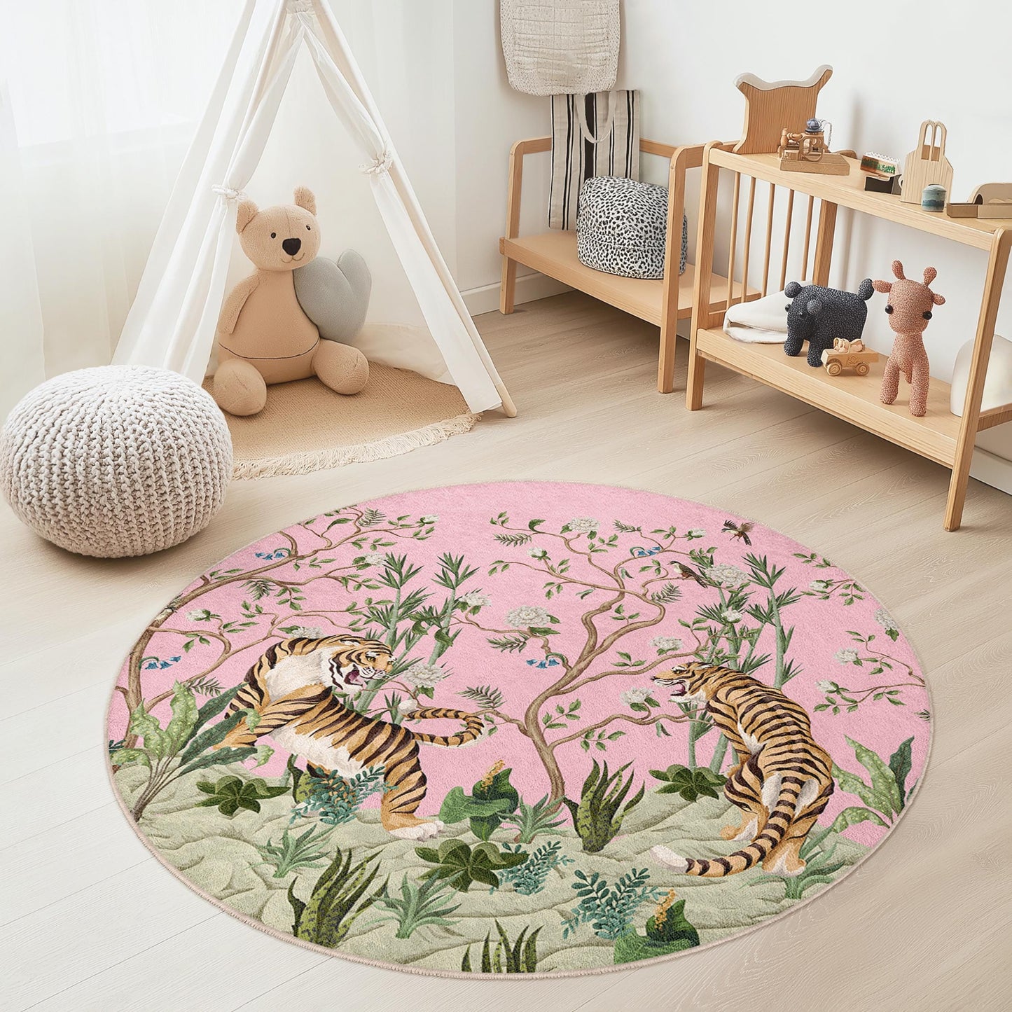 Runder Teppich mit rosa Tigerblumenmuster, Kinderzimmerdeko, Babyzimmerteppich, Spielzimmerteppich, Kinderteppich mit Tiermotiv, weiche runde Spielmatte