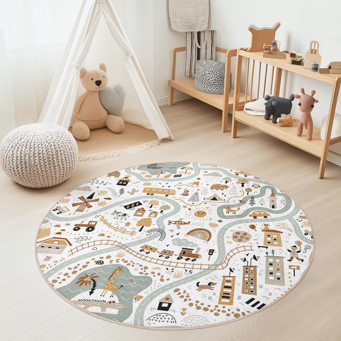 Runder Kinderteppich mit verspieltem Naturmotiv, Kartendesign, runder Teppich für Kinderzimmer, Kinderzimmerdekoration, weiche Spielmatte, Abenteuerteppich