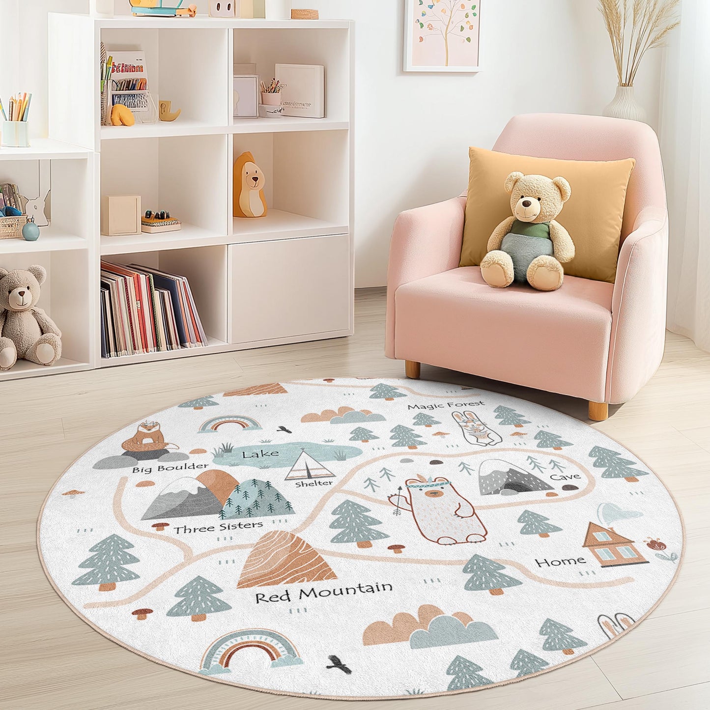 Runder Spielteppich „Zauberwald“, Abenteuerkarten-Spielteppich, runder Teppich fürs Kinderzimmer, Kinderzimmerdeko, interaktive Spielmatte