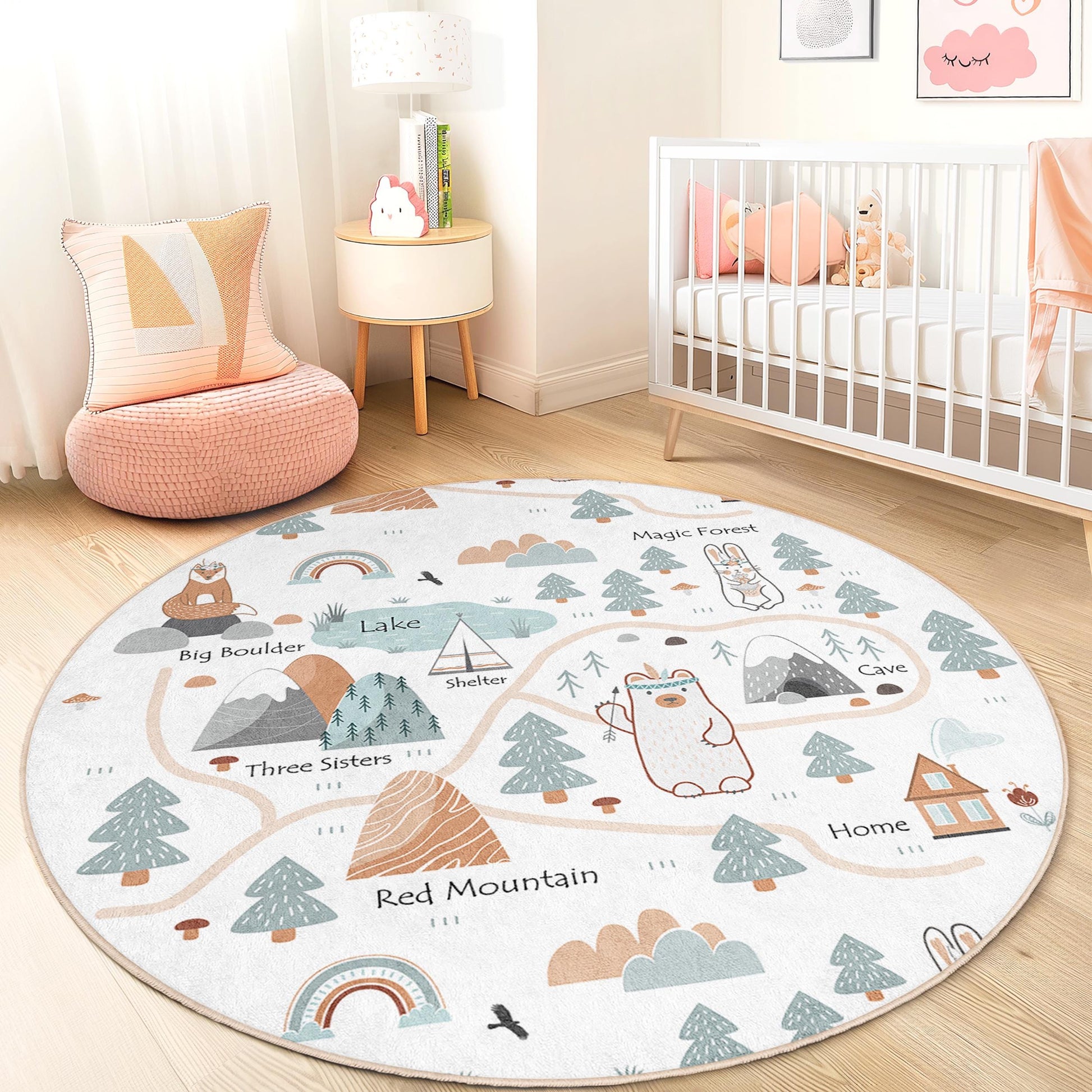 Magic Forest Round Kids Play Rug, Adventure Map Kids Rug, Round Carpet for Kids Room, Nursery Decor, Interactive Play Mat