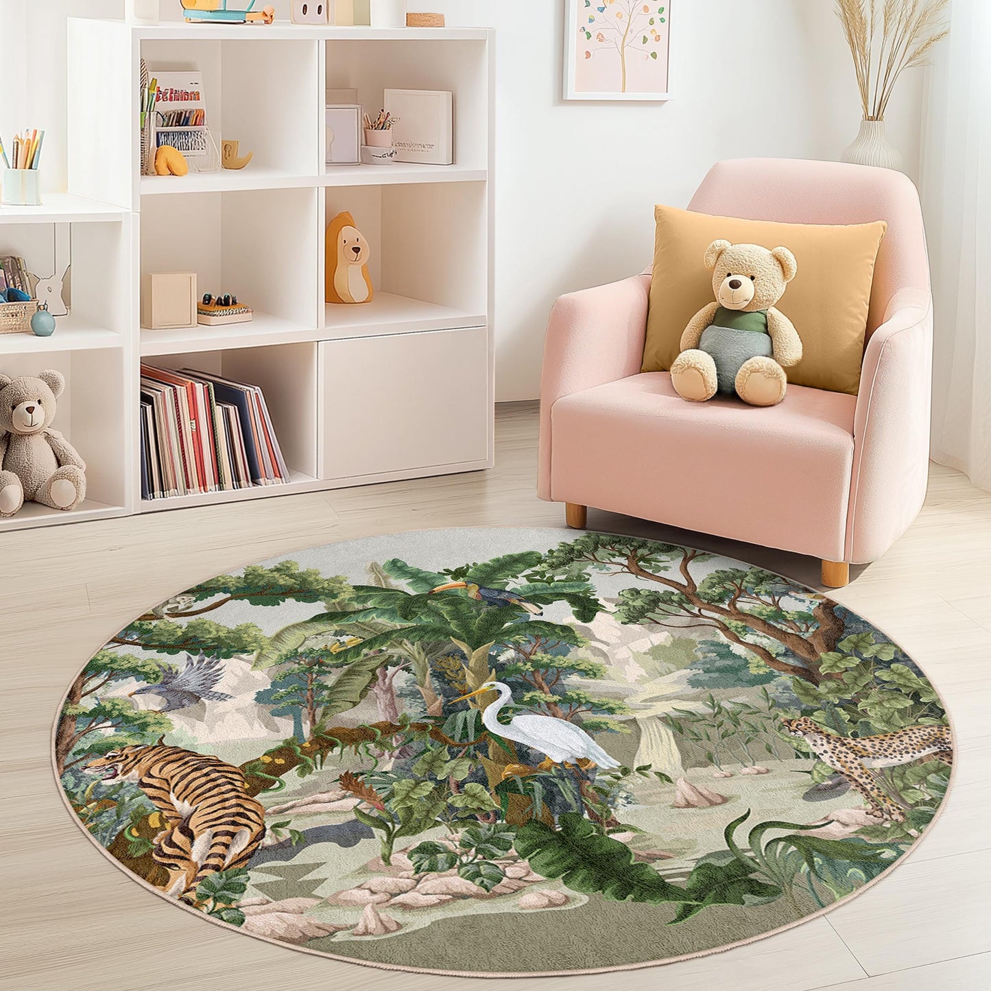 Jungle Safari Round Kids Play Rug, Animal Print Play Mat, Kids Room Decor, Nursery Rug, Soft Jungle Carpet