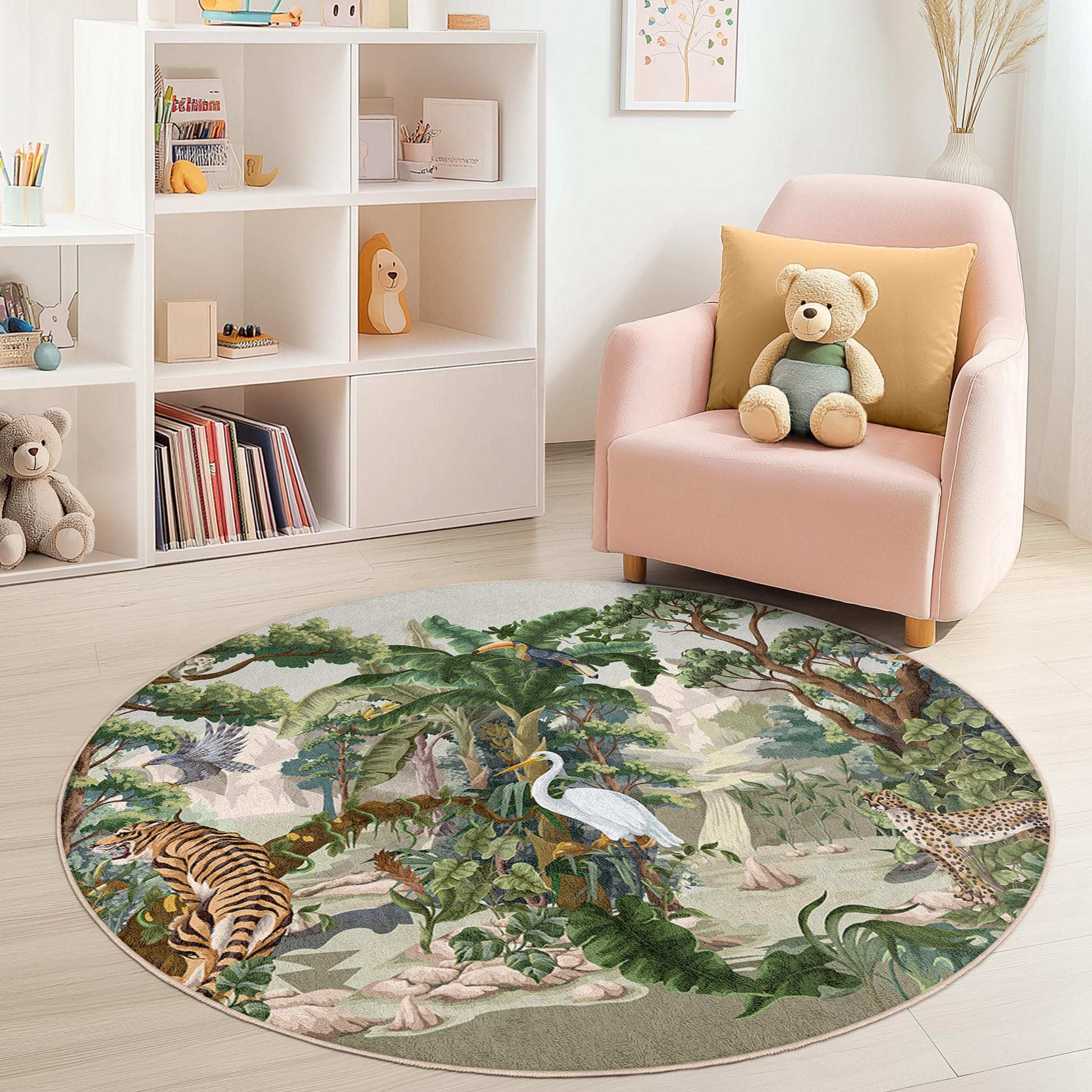 Jungle Safari Round Kids Play Rug, Animal Print Play Mat, Kids Room Decor, Nursery Rug, Soft Jungle Carpet