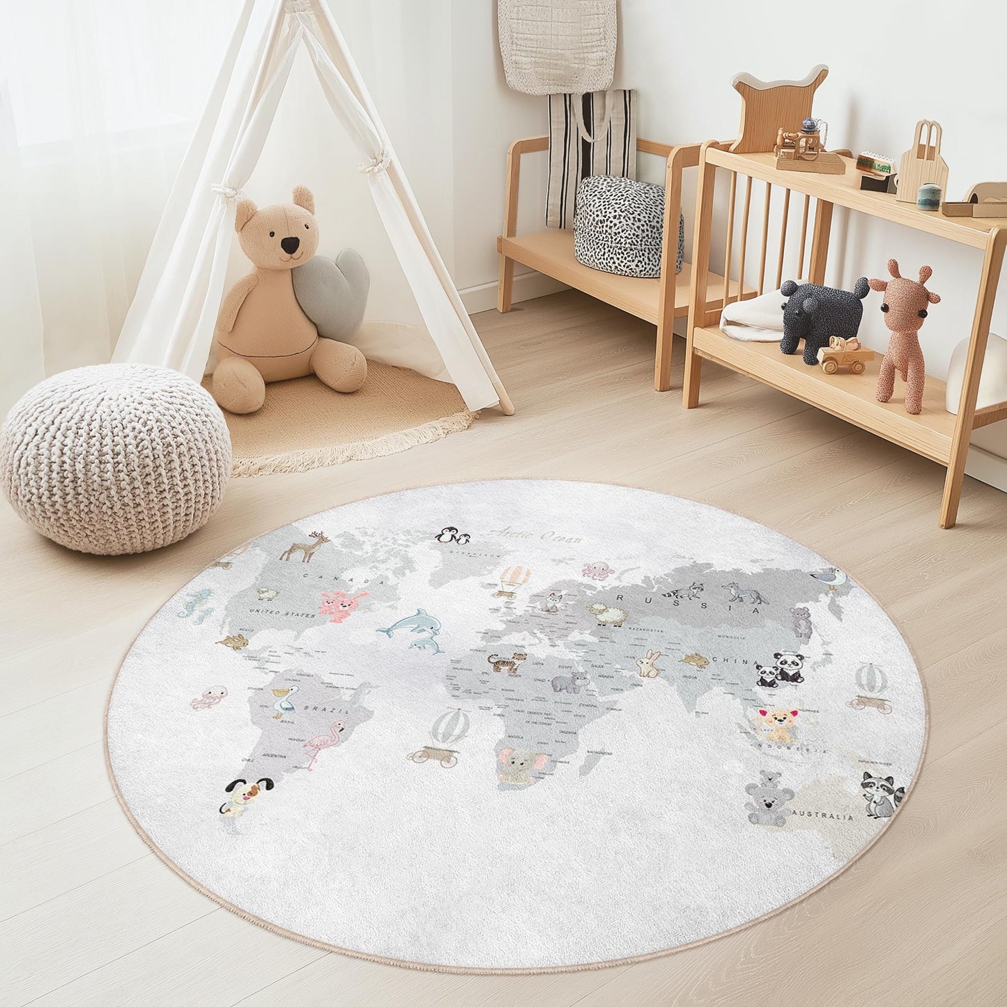 Runder Teppich mit niedlicher Tierweltkarte, Kinderzimmerdeko, Spielteppich fürs Babyzimmer, weiche Spielmatte für Kinder, Lernteppich für Kinder