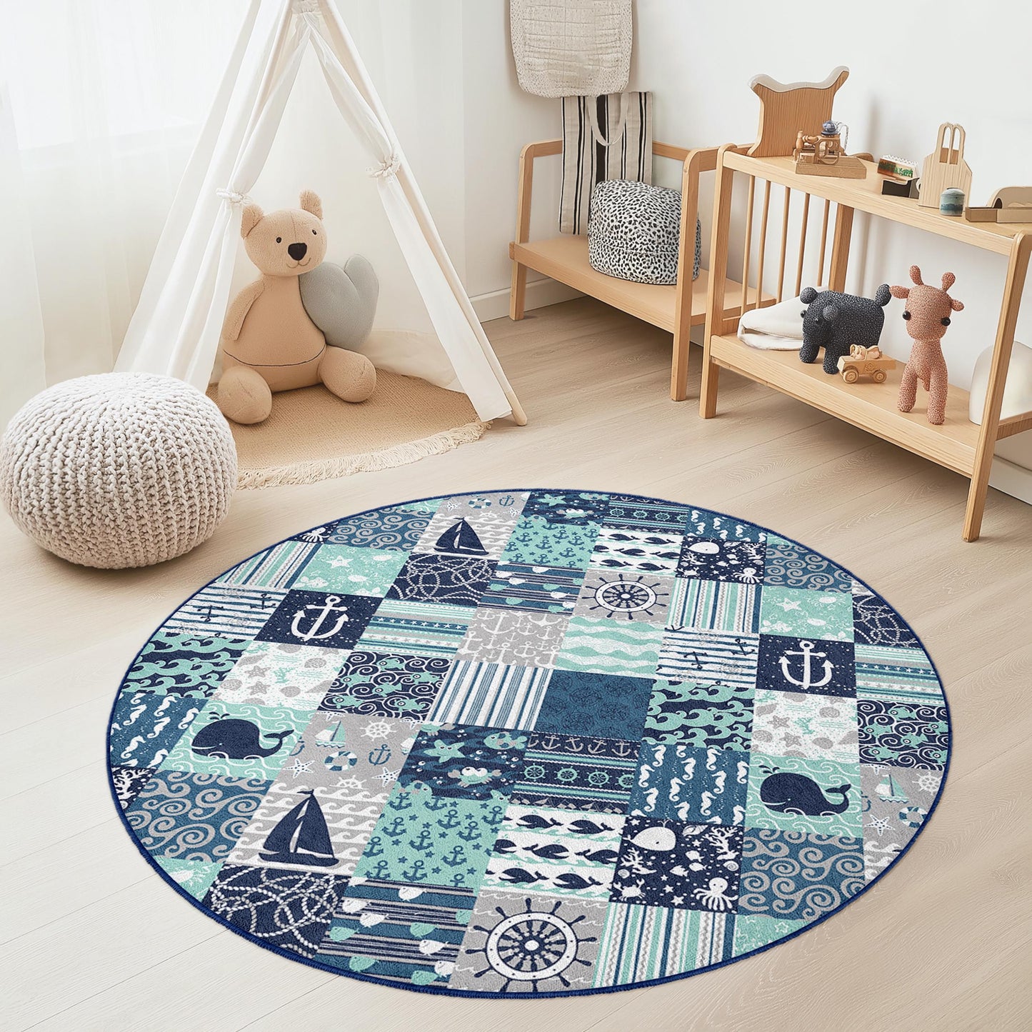 Runder Kinderteppich mit maritimen Motiven, Spielmatte mit Meeresmotiven, Teppich mit Ozeanmuster fürs Kinderzimmer, Kinderzimmerdeko, Teppich im Küstenstil