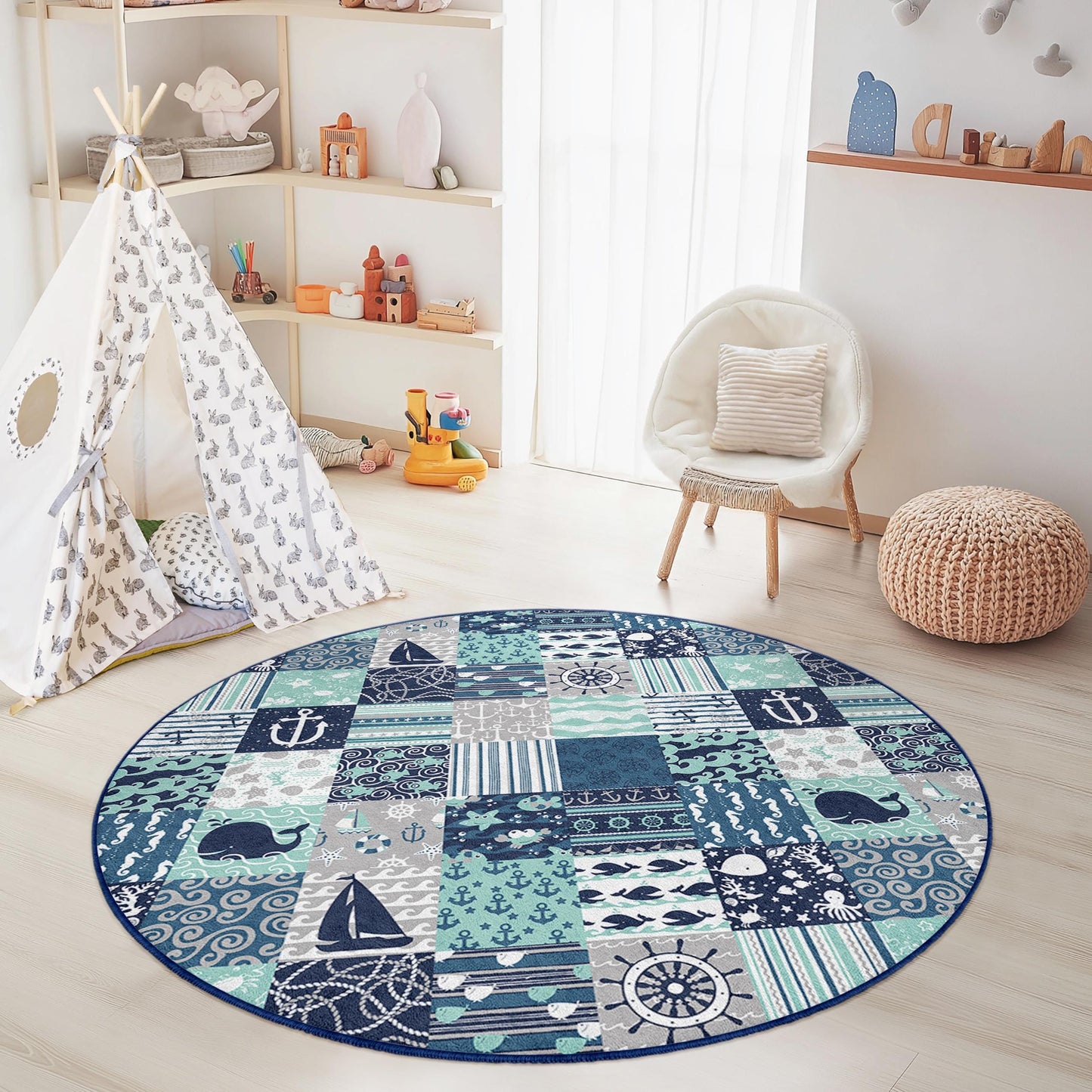 Runder Kinderteppich mit maritimen Motiven, Spielmatte mit Meeresmotiven, Teppich mit Ozeanmuster fürs Kinderzimmer, Kinderzimmerdeko, Teppich im Küstenstil