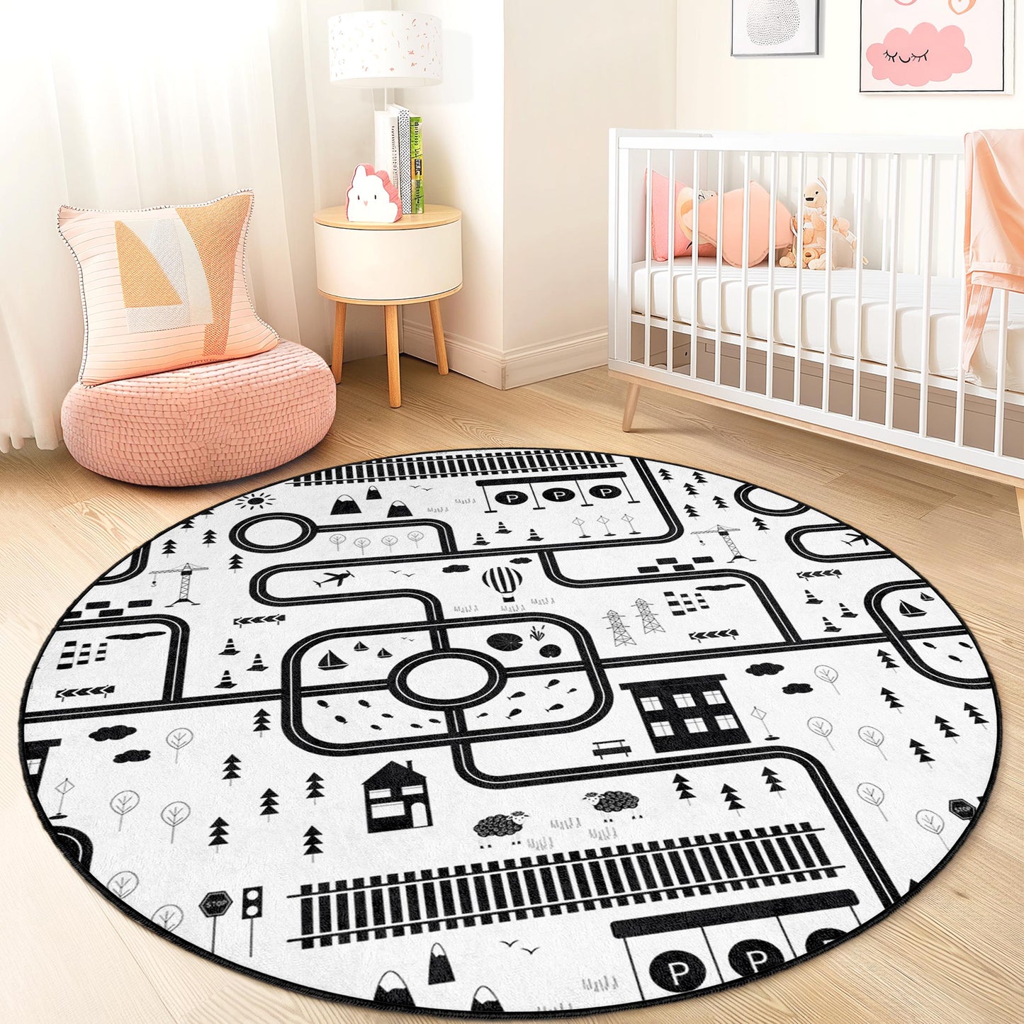 Runder Kinderteppich mit schwarz-weißem Straßenkartenmuster, interaktive Spielmatte für Spielzimmer und Kinderzimmer, weicher und gemütlicher Spielbereich