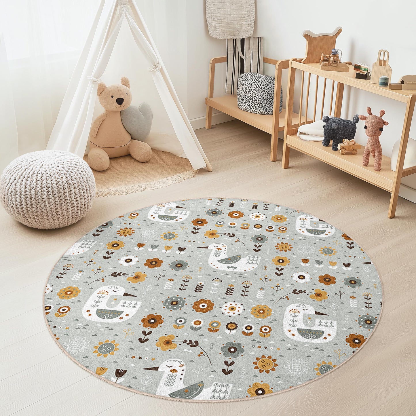 Runder Kinderteppich mit verspieltem Blumen- und Vogelmotiv, florale Spielmatte fürs Spielzimmer, gemütliche Kinderzimmerdekoration, weicher Kinderteppich