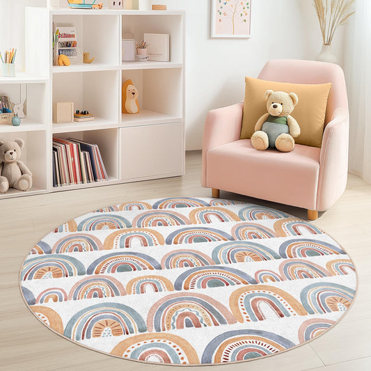 Colorful Rainbow Round Kids Rug, Playful Circle Rug for Children, Nursery Decor, Soft Play Mat, Kids Room Carpet