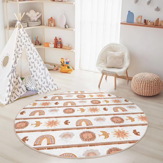 Colorful Rainbow and Sun Round Kids Rug, Bohemian Nursery Decor, Circle Play Mat, Soft Area Rug for Children's Room