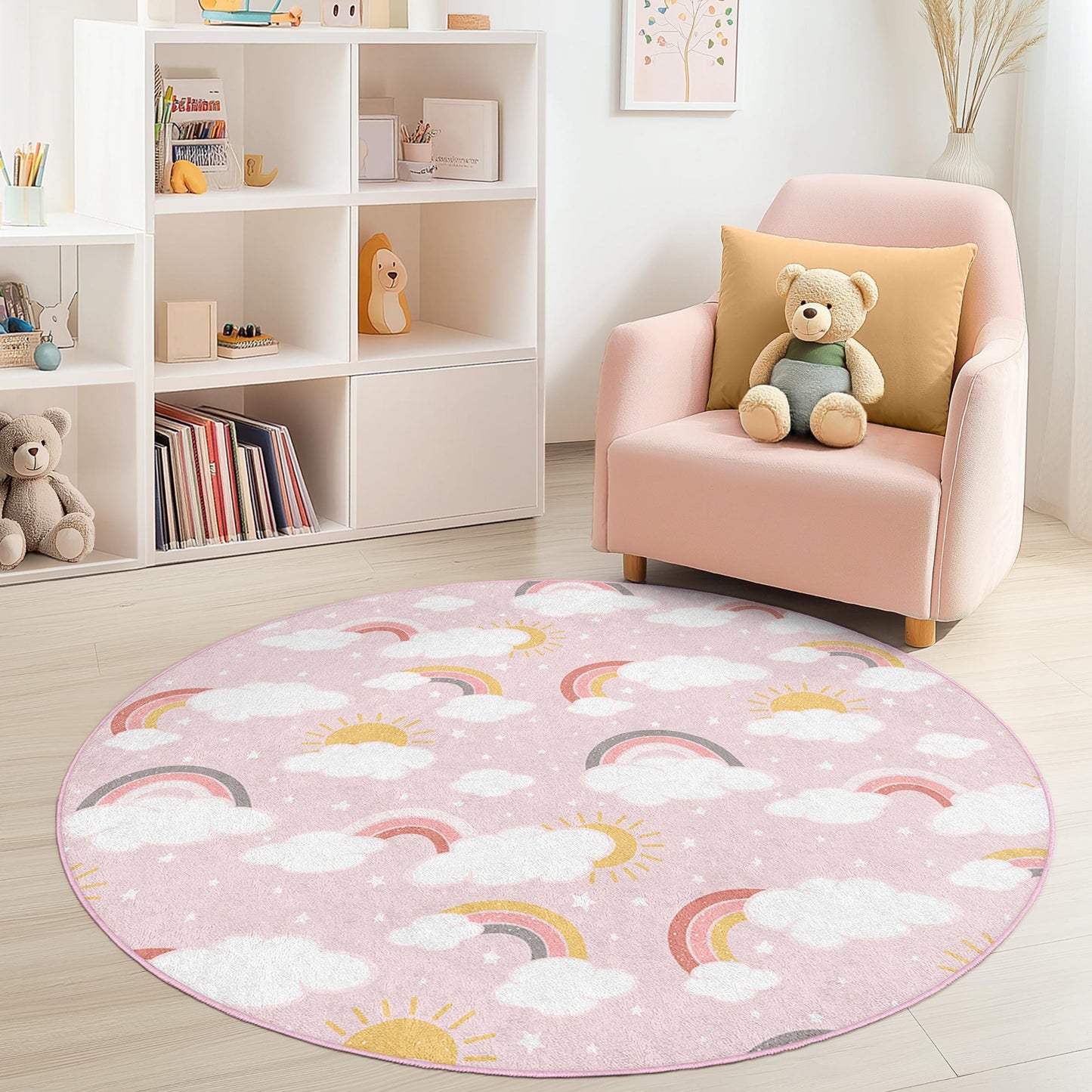 Runder Spielteppich „Regenbogenwolke“ für Kinder, weicher Kinderzimmerteppich, runder Teppich fürs Kinderzimmer, verspielte Dekoration fürs Mädchenzimmer