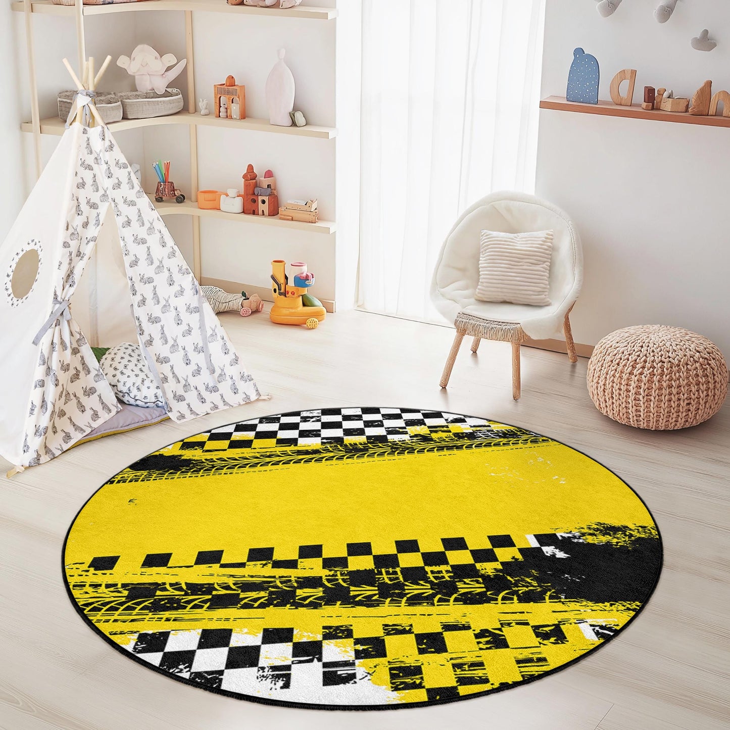 Runder, leuchtend gelb karierter Kinderspielteppich, Reifenspuren-Spielteppich, Spielzimmerdekoration, Kinderzimmerteppich, weiche Spielmatte für Kinder
