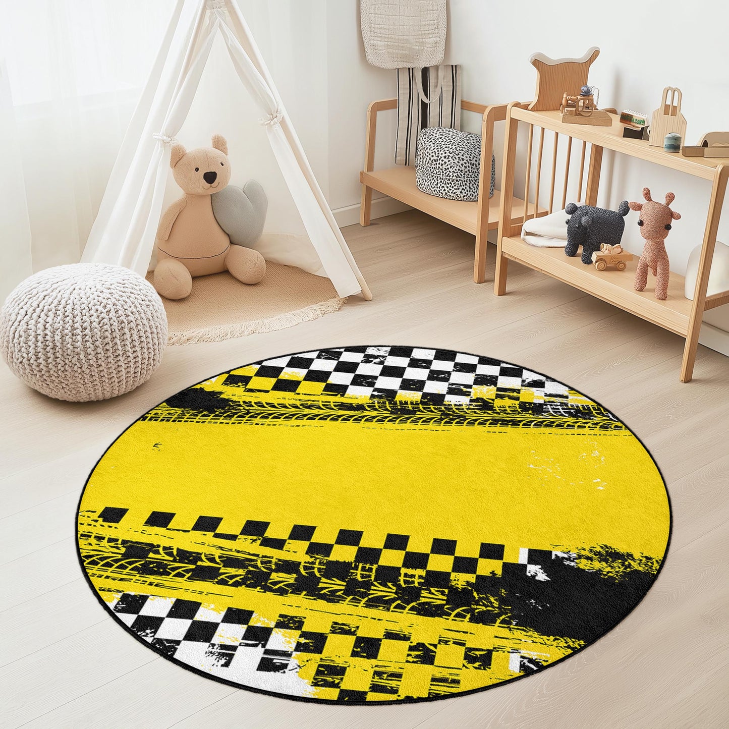 Runder, leuchtend gelb karierter Kinderspielteppich, Reifenspuren-Spielteppich, Spielzimmerdekoration, Kinderzimmerteppich, weiche Spielmatte für Kinder