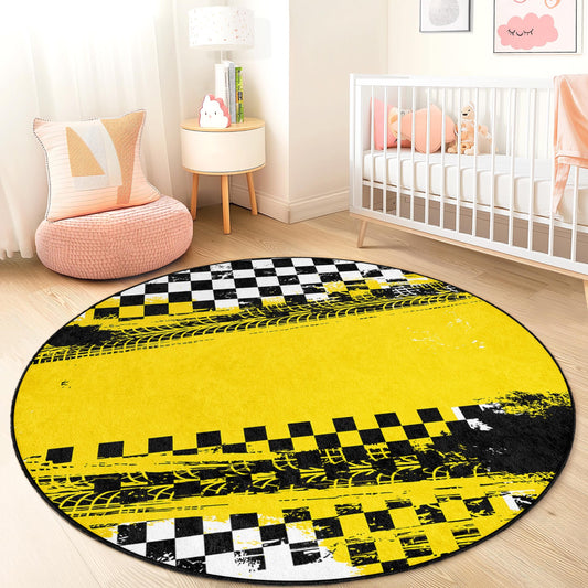 Vibrant Yellow Checkered Round Kids Play Rug, Tire Tracks Fun Carpet, Playroom Decor, Nursery Rug, Soft Play Mat for Children
