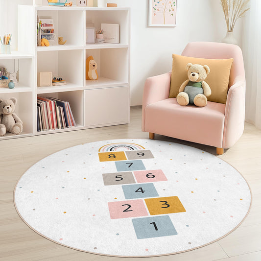 Hopscotch Rainbow Round Kids Play Rug, Soft Play Mat for Kids Room, Colorful Hopscotch Rug, Nursery Decor, Interactive Learning Rug