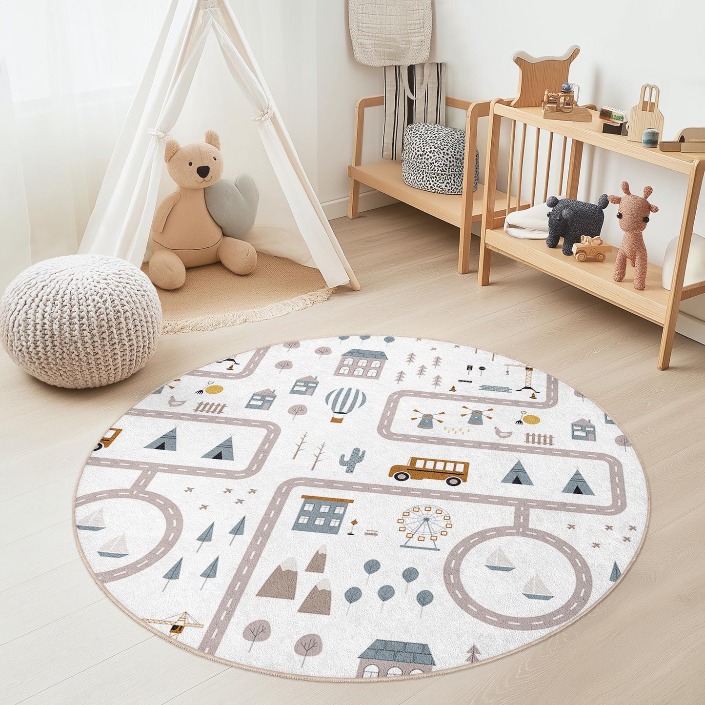 Runder Teppich mit verspieltem Straßenkartenmotiv für Kinder, weicher Kinderzimmerteppich, Kinderzimmerdekoration, interaktive Spielmatte, bezaubernder Kinderteppich