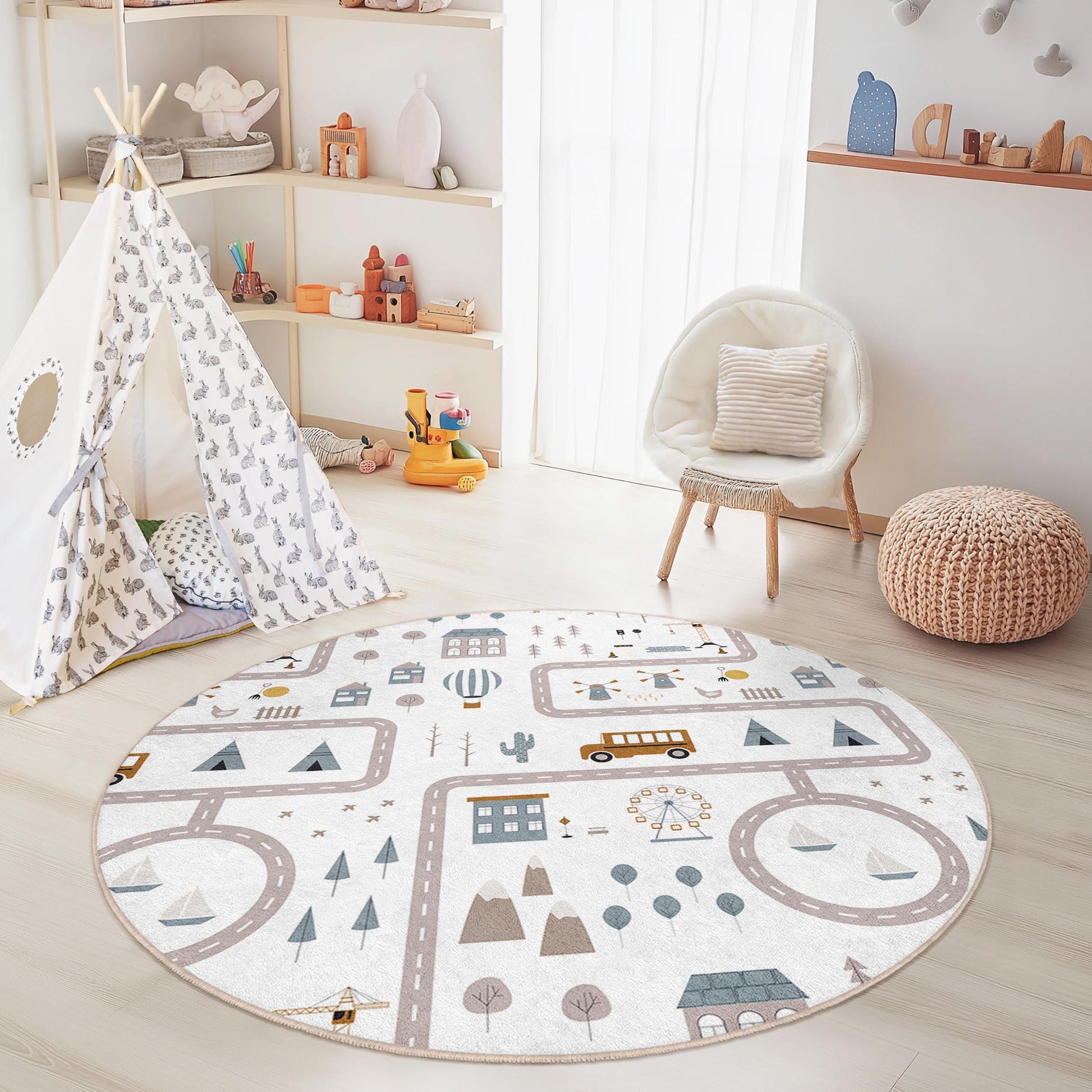 Playful Road Map Round Rug for Kids, Soft Kids Room Carpet, Nursery Decor, Interactive Play Mat, Adorable Childrens Rug
