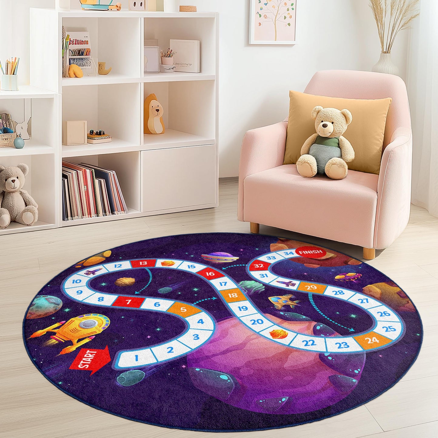 Runder Spielteppich für Kinder mit Weltraumabenteuer-Motiv, Galaxie-Teppich, Kinderzimmerdeko, interaktive Spielmatte, Lernteppich