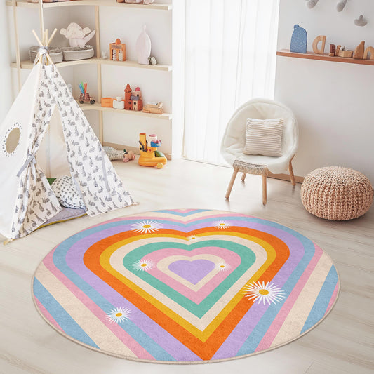 Colorful Heart Pattern Round Kids Rug, Vibrant Heart Design Area Rug, Playroom Decor, Nursery Carpet, Soft Play Mat for Children