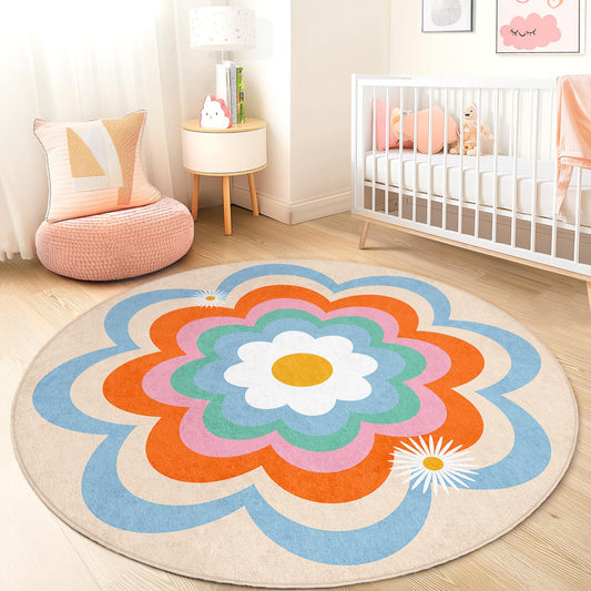 Vibrant Floral Round Area Rug, Boho Chic Flower Carpet, Round Kids Room Rug, Colorful Playroom Decor, Soft Nursery Mat