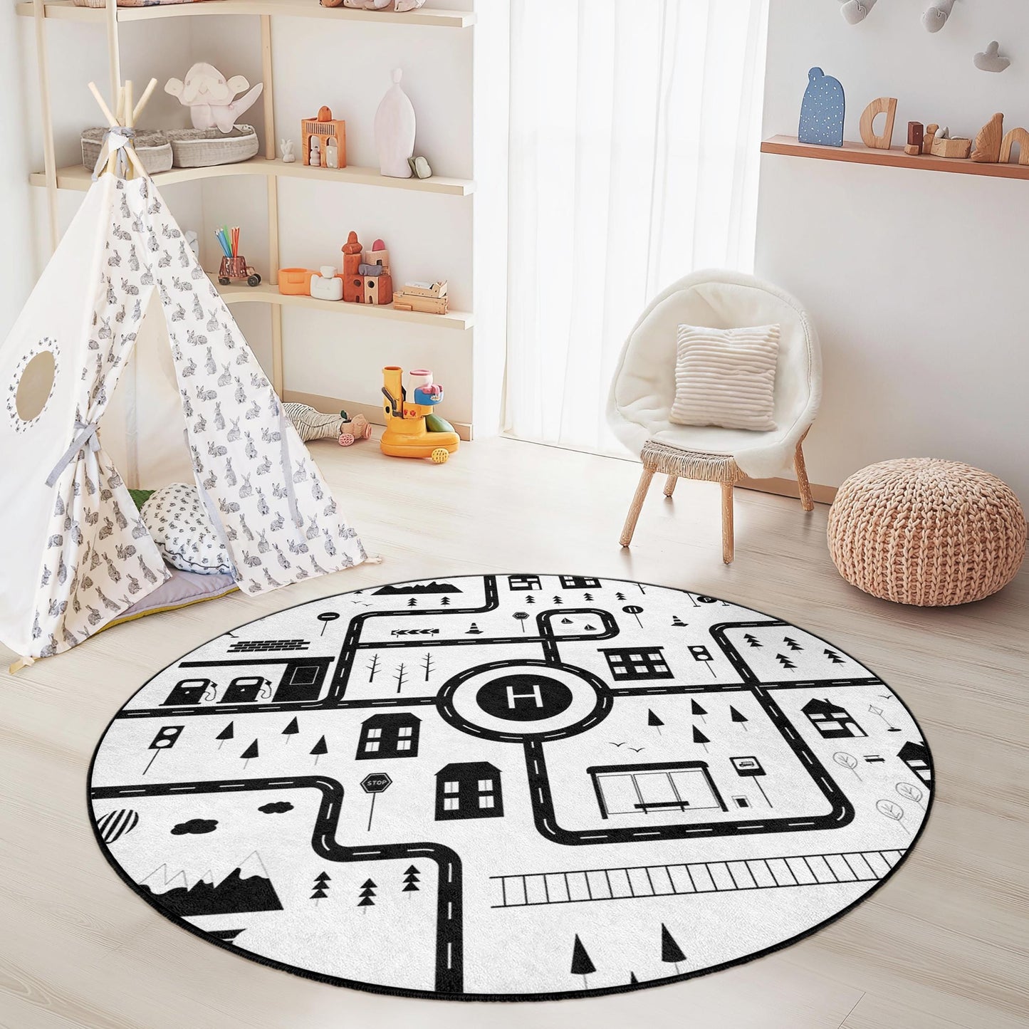Runder Kinderteppich mit verspieltem Straßenkartenmotiv, schwarz-weißer Straßenteppich, weiche Spielmatte für Kinderzimmer, Kinderzimmerdekoration, interaktiver Spielbereich